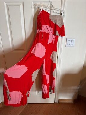 Mister Zimi Red Strapless Wide-Leg Jumpsuit with Pink & Tan Abstract Print